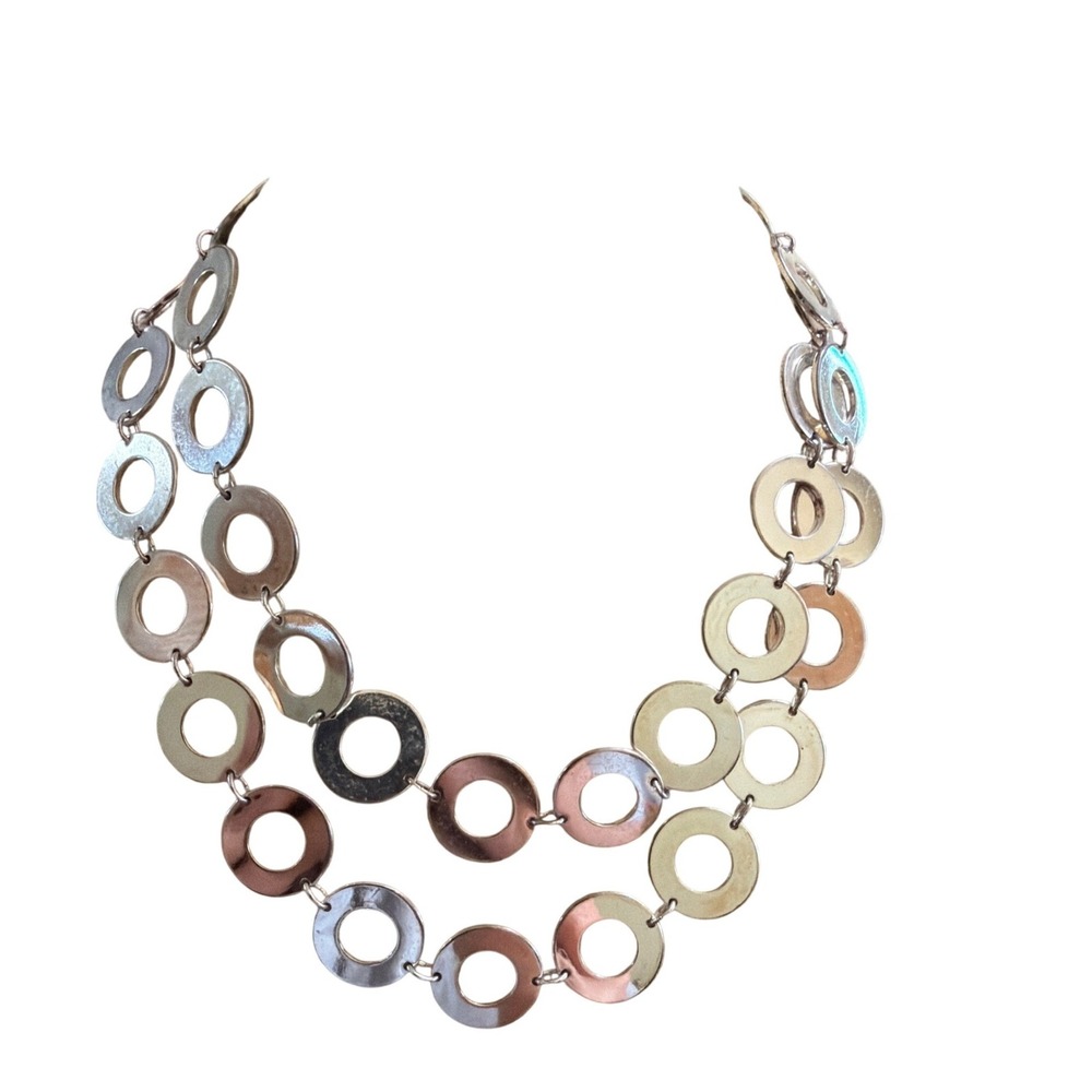 Silver Tone Double Strand Circle Link Statement Necklace Toggle Clasp Boho Chic
